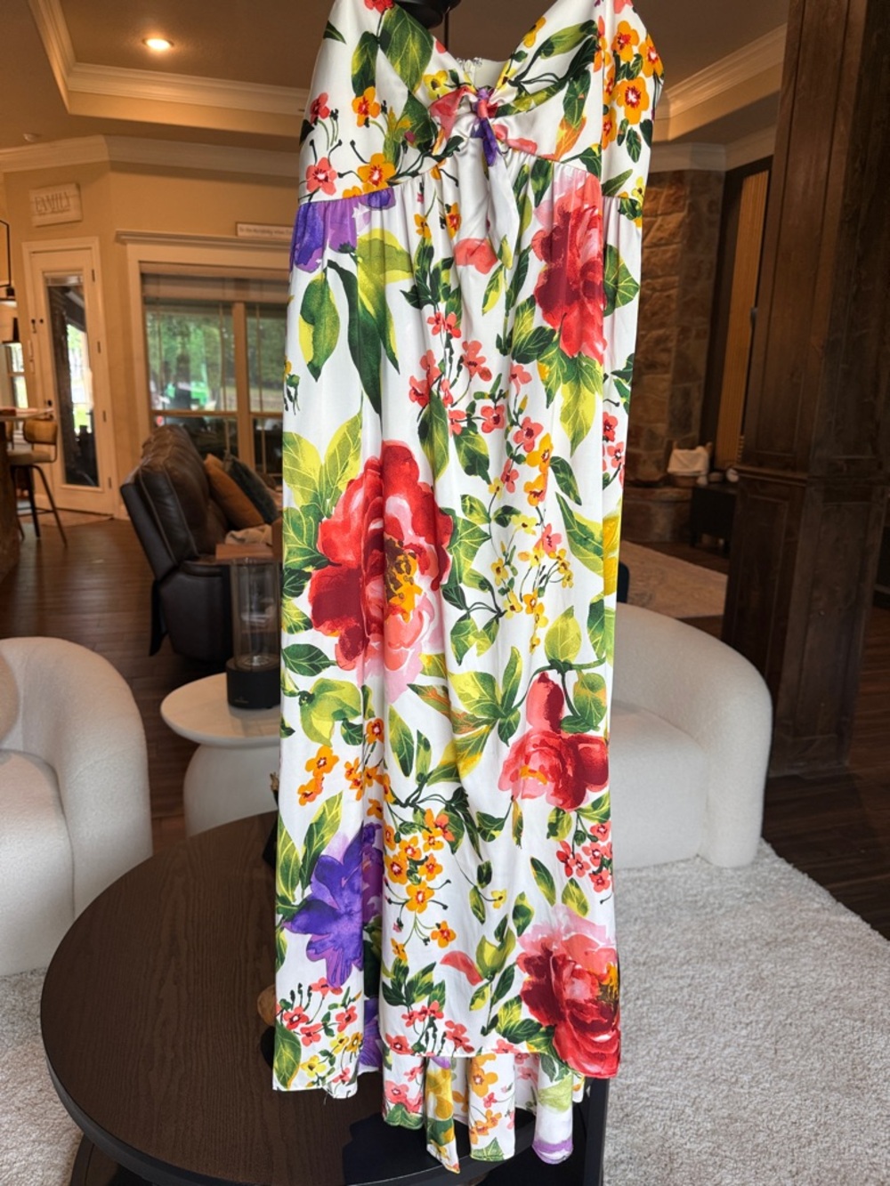 White Floral Maxi Dress high/low maxi with Bold Red & Purple Blooms